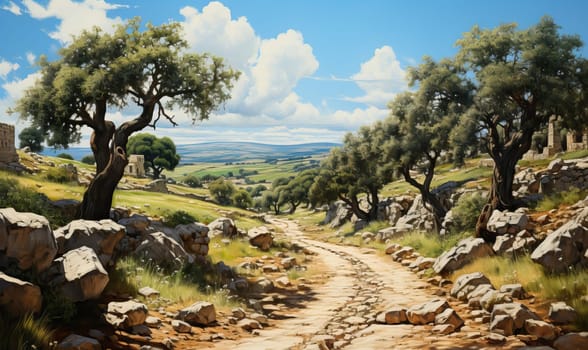 Painting of a dirt road winding through rocky terrain with surrounding trees.