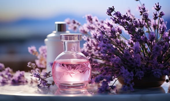 Bottle of perfume placed beside a vase filled with flowers.