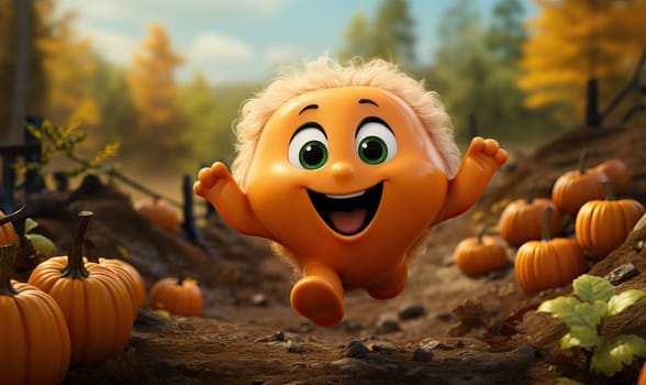 A cartoon character energetically running through a pumpkin patch.
