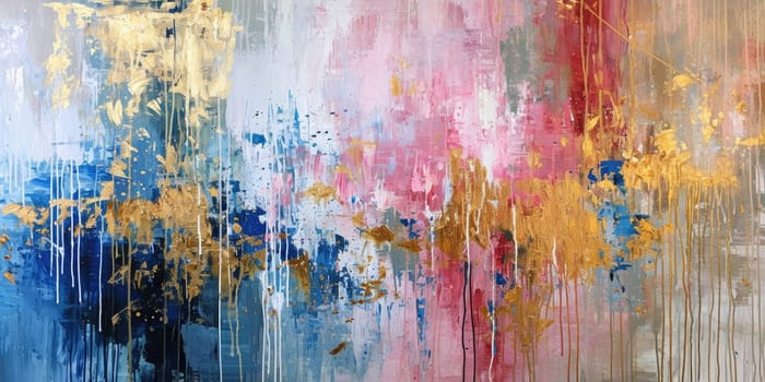 The abstract picture of the gold, pink and blue colour that has been painted or splashed on the white blank background wallpaper to form the random shape that cannot be describe yet beautiful. AIGX01.
