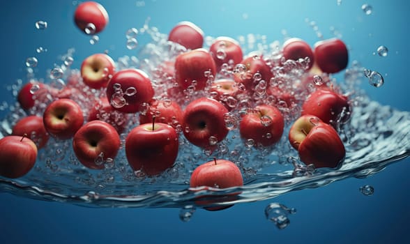 Several apples floating together in water.