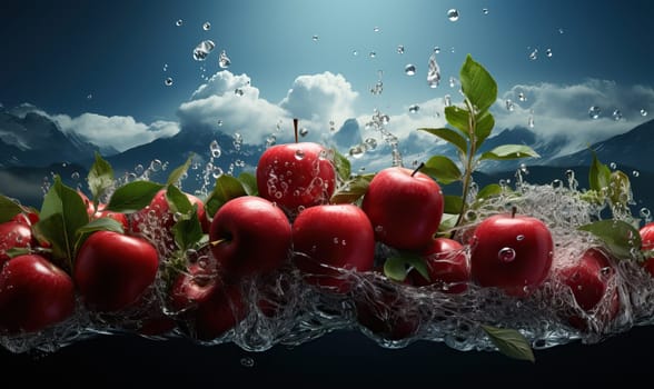 Group of red apples floating on water surface.