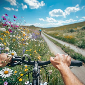 Riding a bicycle through a field of daisies, with the sun shining in the sky and fluffy clouds overhead, feeling the gentle breeze and admiring the beauty of nature AIG50
