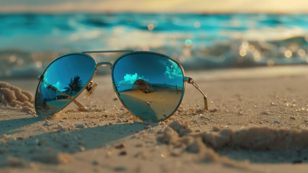 A pair of eyewear rests on a sandy beach by the ocean, surrounded by water and marine biology. The wind waves gently as beachgoers enjoy leisurely activities nearby AIG50