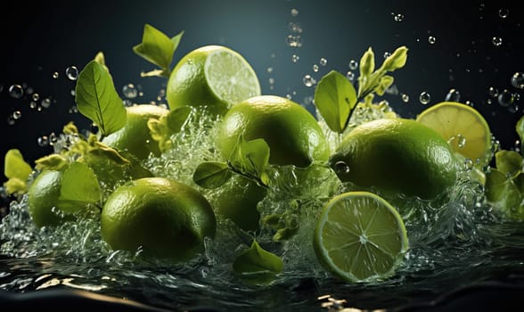 Group of limes floating in water with vibrant green color.