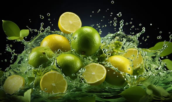 Lemons and limes piled with water splashing