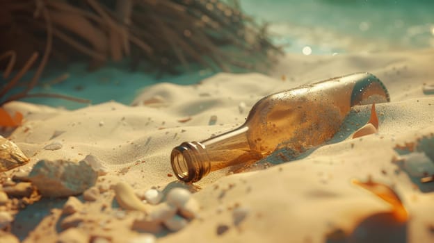 A discarded bottle lies on the sandy beach, surrounded by the tranquil landscape of water, wildlife, and rocks AIG50