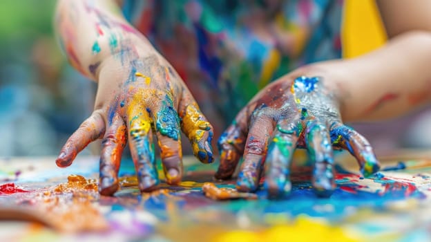 Close up of attractive elementary student hand playing stained color in art lesson. Happy children hand putting hand on paper and doing creative activity in art class. Blurring background. AIG42.