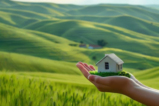 Concept of buying or building new home. Humen hand showing, offering a new dream house at the green field with copy space.