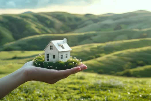 Concept of buying or building new home. Humen hand showing, offering a new dream house at the green field with copy space.