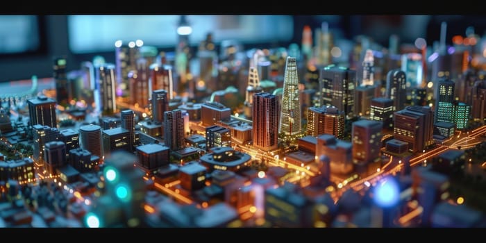 Top view of cityscape simulated model placed on meeting table. Urban planner designing smart city by using AI or technology innovation. Modern architectural building concept. Visual effect. AIG42.