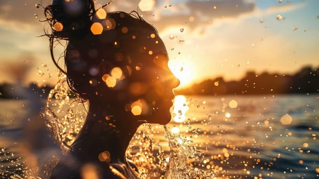 A woman is hydrating with water from the ocean at sunset, surrounded by a stunning landscape with trees and plants against a fiery sky AIG50