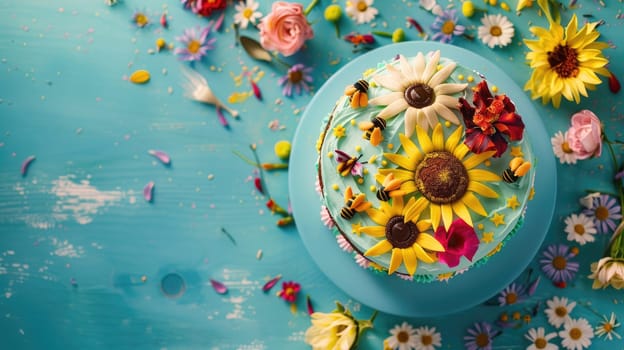 A creative art cake adorned with flower bouquets and bees on an electric blue background, resembling a beautiful art piece at any event AIG50