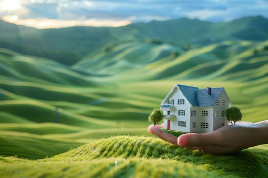 Concept of buying or building new home. Humen hand showing, offering a new dream house at the green field with copy space.