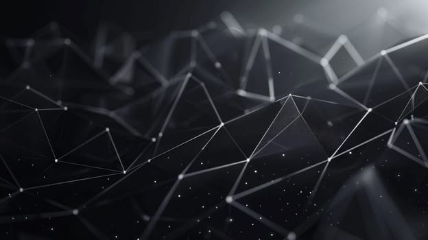 3D rendering of a dark, abstract, geometric landscape with glowing white lines and dots. AIG51A.