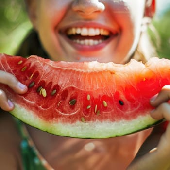 A woman indulges in the juicy sweetness of a slice of Watermelon, a Citrullus fruit, with a satisfied gesture and dripping juice on her fingers AIG50