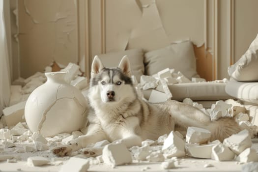 Siberian husky, broken vase fragments of porcelain around the dog in a modern house living room area.