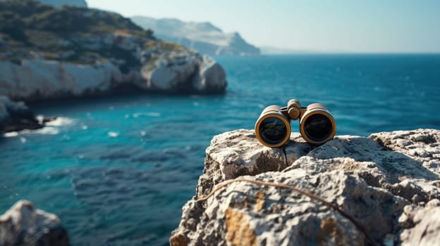 A pair of binoculars rests on a sturdy rock overlooking the ocean, where wind waves crash against the rocky shores and liquid water meets solid bedrock AIG50