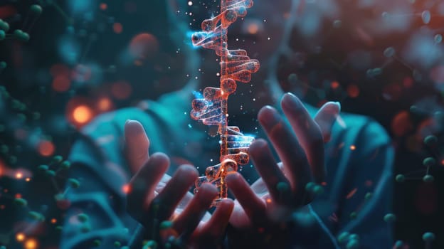 A person is holding a DNA strand in their hands. Concept of wonder and curiosity about the complexity of life and the role that DNA plays in it