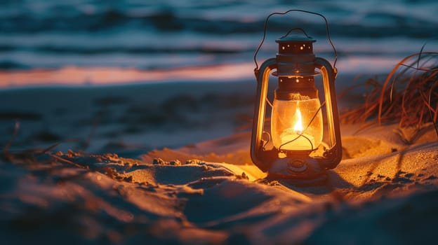 A lantern illuminates the sandy beach at sunset, casting a warm glow over the water and painting the horizon in a beautiful dusk landscape AIG50