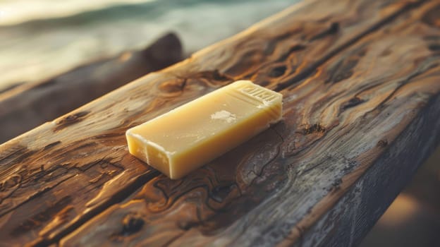 A bar of soap rests on a wooden surfboard made of hardwood, creating a contrast between the natural ingredients of the beach landscape and the manufactured wood material AIG50