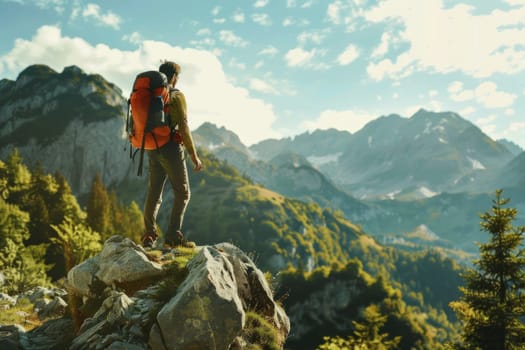 A man is standing on a mountain top with a backpack on. The mountains are in the background and the sky is clear. The man is enjoying the view and taking in the beauty of the landscape