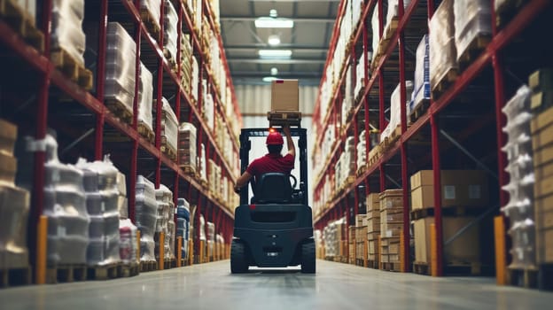 Smart warehouse worker or operator driving forklift and lifted product surrounded with box at storage. Professional engineer working in ware house while using machine carry or transport box. AIG42.