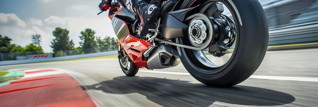 Super motorbike racing on the circuit track while driving at high speed and accelerating at full power AIG44