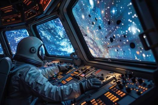 A man in a spacesuit is piloting a spaceship through space.