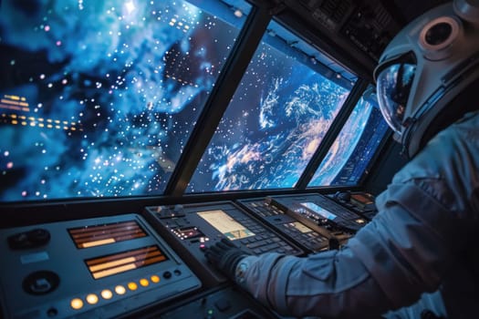 A man in a spacesuit is piloting a spaceship through space.