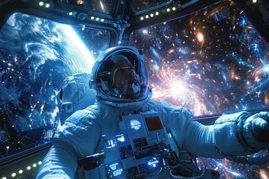 A man in a spacesuit is piloting a spaceship through space. The image has a futuristic and adventurous mood