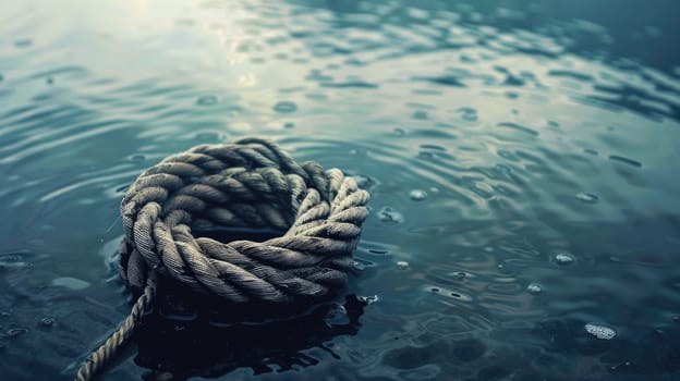A rope is tethered to a rock by the fluid landscape of water, swaying with each wind wave. The electric blue waves create a mesmerizing art event AIG50