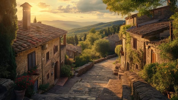 The warm glow of sunset bathes an old Tuscan village, with its historic stone buildings and rolling hills in the background. Resplendent.