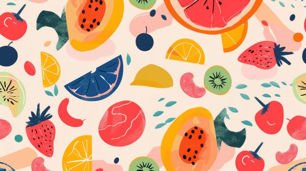 Product featuring a seamless pattern of fruits and berries, including oranges and citrus on a white background. Perfect for creative arts or incorporating into design projects AIG50