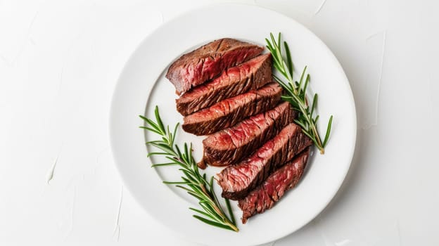 A plate of delicious sliced steak with rosemary on a white background. AIG51A.