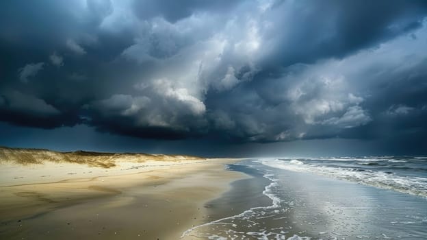 A sandy beach with wind waves crashing against the shore under a stormy sky filled with cumulus clouds, creating a dramatic natural landscape AIG50