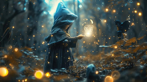 Smart wizard casting magical spell while preparing for ceremony at fantasy forest with glowing flower. Professional attractive witch testing his powerful magical spell or luminous magic. AIG42.