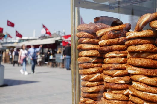 Turkey 12 march 2023. Turkish Bagel Simit selling at taqsim square in a van .