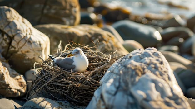 A seabird with a sharp beak, part of the Charadriiformes order, is perched on a rock nest made of natural materials on the bedrock soil landscape AIG50