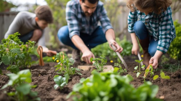 A woman and girls are leisurely planting hair, plants, and houseplants in flowerpots on the grassy garden, sharing the joy of terrestrial plant adaptation. AIG41