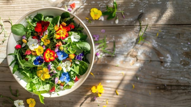 An artful arrangement of leafy greens and colorful flowers in a bowl, placed on a vibrant blue table. The natural landscape is enhanced with this beautiful botanical illustration AIG50