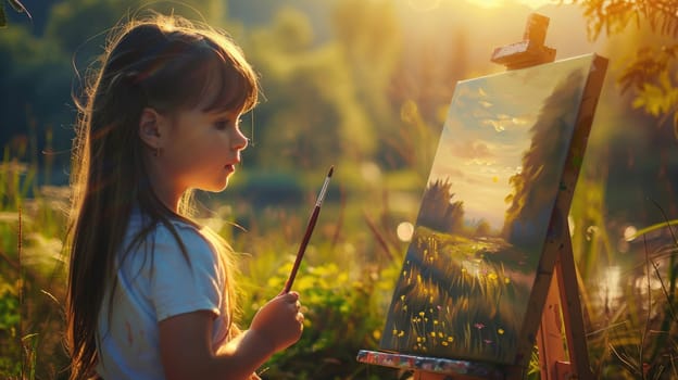 A young artist is painting a picture in a meadow, surrounded by a beautiful natural landscape. The grassland provides the perfect backdrop for her artistic expression AIG50