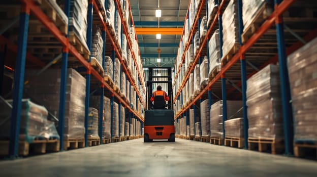 A man operates a forklift in a warehouse, transporting goods amidst shelves of building materials and wooden flooring. AIG41
