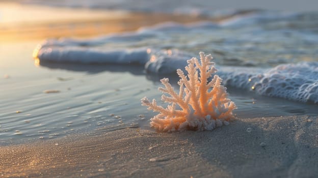 A white coral rests on a bedrock surrounded by rocks on the beach, creating a unique landscape with terrestrial animals and grass AIG50