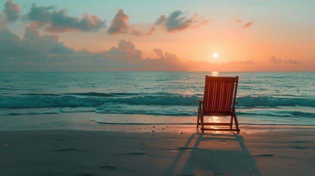A chair is placed on the beach at dusk, with water reflecting the colorful sky and clouds as the sun sets over the horizon, creating a serene landscape AIG50