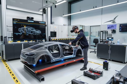 Professional technician checking and inspecting vehicle machine system while wearing formal cloth. Skilled automotive engineer designing and testing car design by using technology innovation. AIG42.