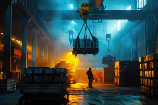 Photo of professional warehouse worker with safety helmet checking at robot carrying industrial material. Skilled construction engineer working and guiding machine with crane moving product. AIG42.