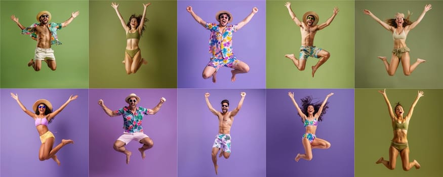 Summer people collection set, diverse people jumping on colorful background, many people funny jump wearing summer outfit fashion ready for swim and summer activity, summertime, beachwear AIG48