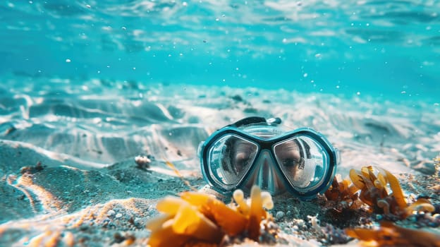 A pair of scuba diving goggles lay on the sandy beach, with azure waters and blue skies creating a picturesque natural landscape. Vision care eyewear for underwater adventures AIG50