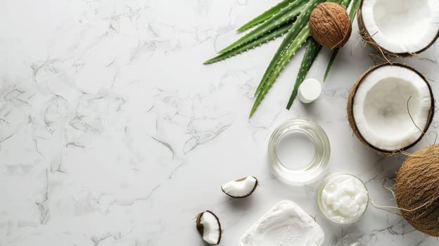 The table is filled with various ingredients like plant leaves, branches, twigs, and grass, along with dishware, tableware, plates for preparing delicious cuisine recipes AIG50